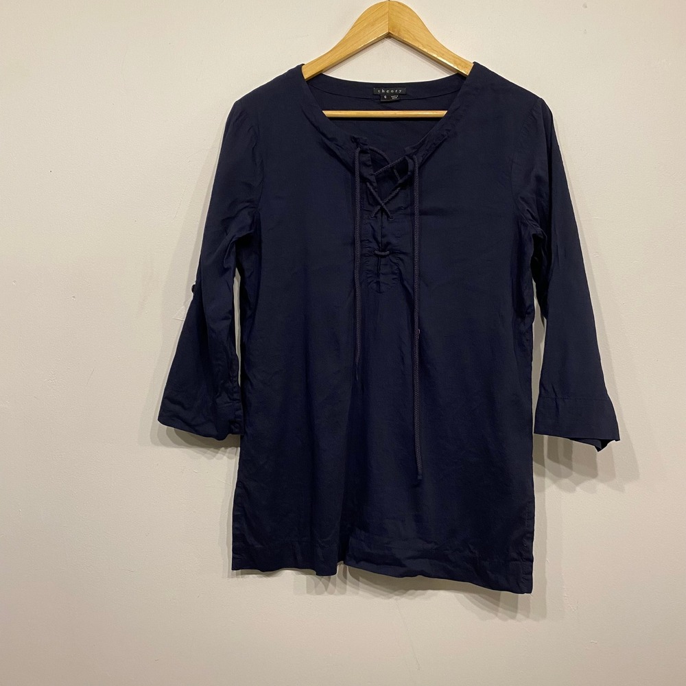 Theory Womens Navy Blue Linen Blend Lace Up V-Neck 3/4 Sleeve‎ Tunic Top Size S
